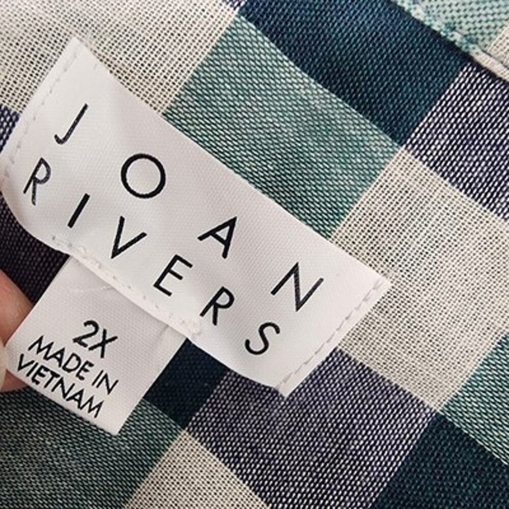 Joan Rivers Womens Cotton Plaid Reversible Boyfriend Shirt 2X Navy Emerald Snap - Picture 8 of 14